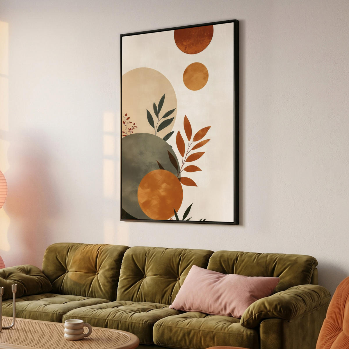 LEINWAND Bilder mit Rahmen - Formen - Rund - Blätter - Beige - 100x150 - Rostfarben, Textil (100/150cm) - MuchoWow
