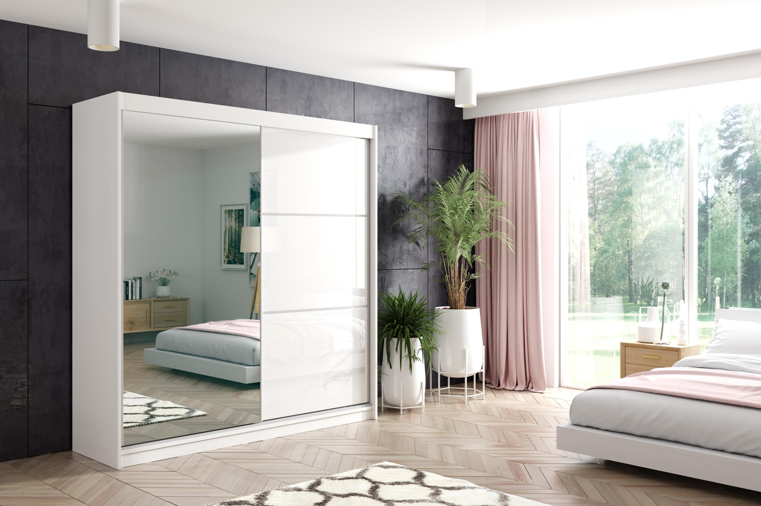 KLEIDERSCHRANK mit Spiegel-Schiebetüren und Aluminium-Leisten - VIVI - 200 cm Weiß - Weiß, Holzwerkstoff (200/216/61cm) - ALTDECOR