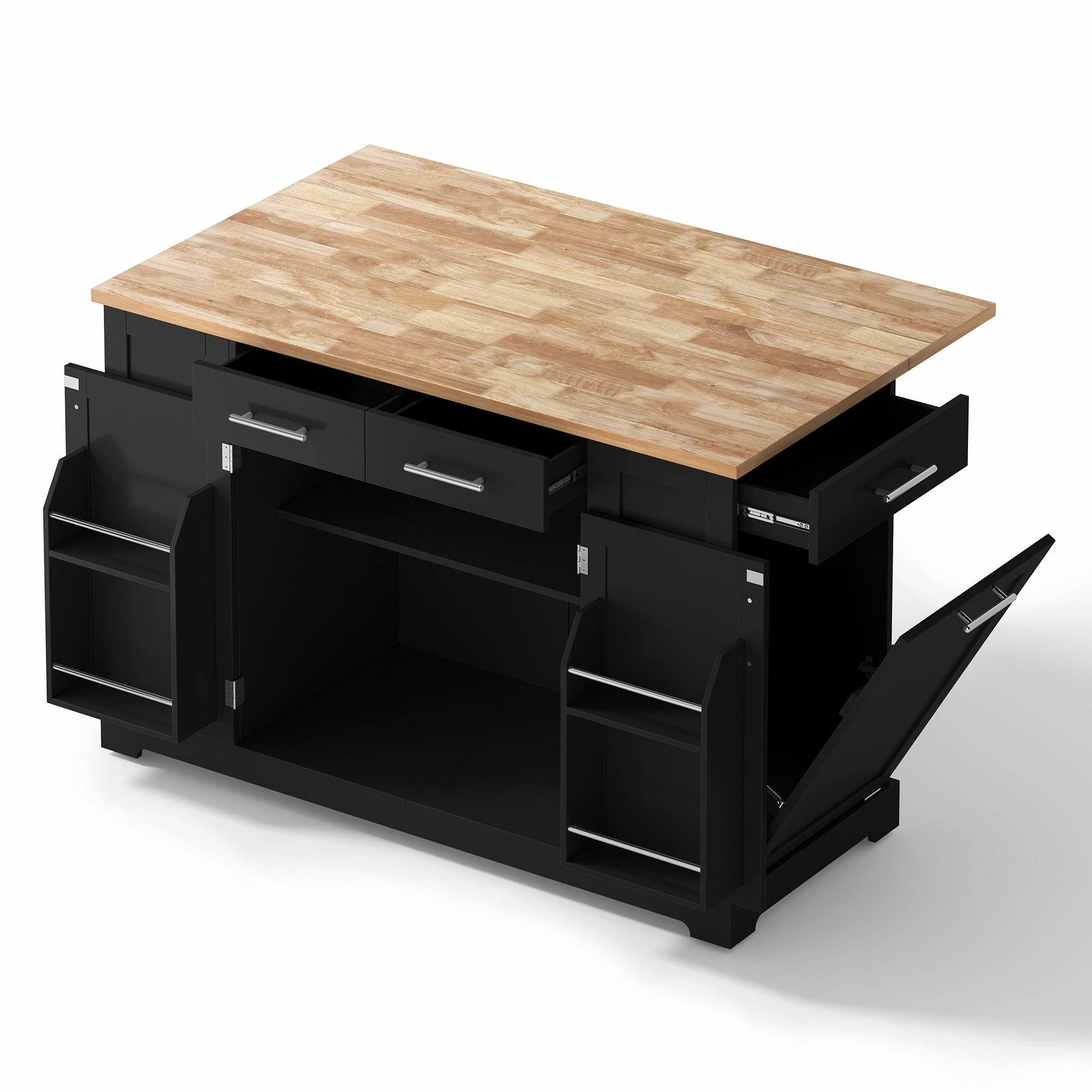 KÜCHENINSEL 138x56x92 cm Schwarz mit 3 Schubladen, Klapp-Arbeitsplatte & ausziehbarem Mülleimer - Schwarz, Holz/Holzwerkstoff (86/92/138cm)