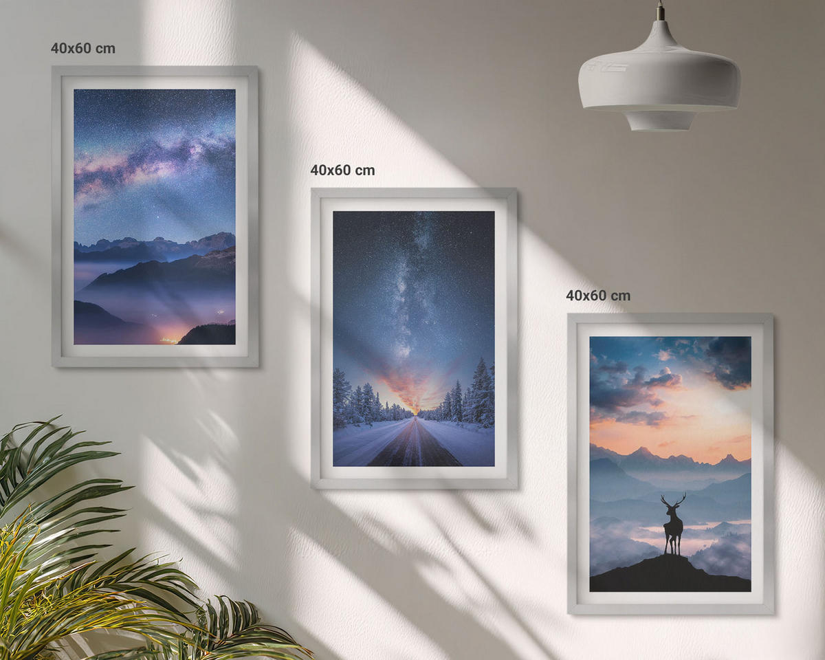 BILDER SET 3er Set - 40x60 cm Silberner Rahmen - Nachthimmel Berge Nebel Hirsch - Silberfarben, Kunststoff (40/60cm) - TULUP