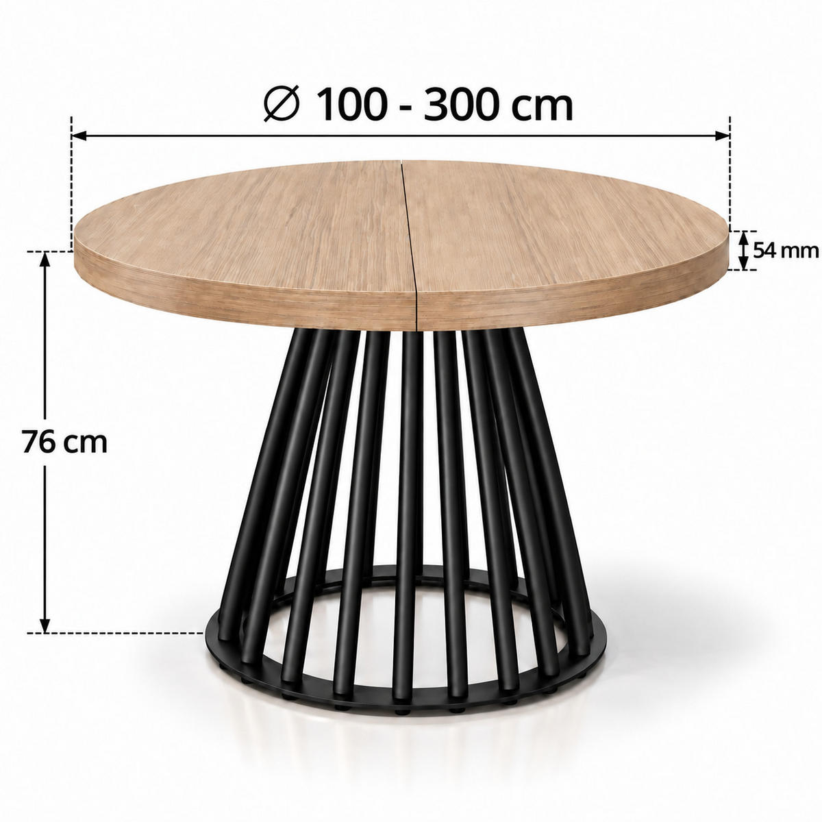 ESSTISCH rund ausziehbar 100/300/76 cm, Hellbraun Eiche Hikora Egger Natur, 54 cm Tischplatte + Lamellen-Metallgestell Schwarz - Hellbraun/Eichefarben, Holzwerkstoff/Metall (100/300/76cm) - Damale Möbel