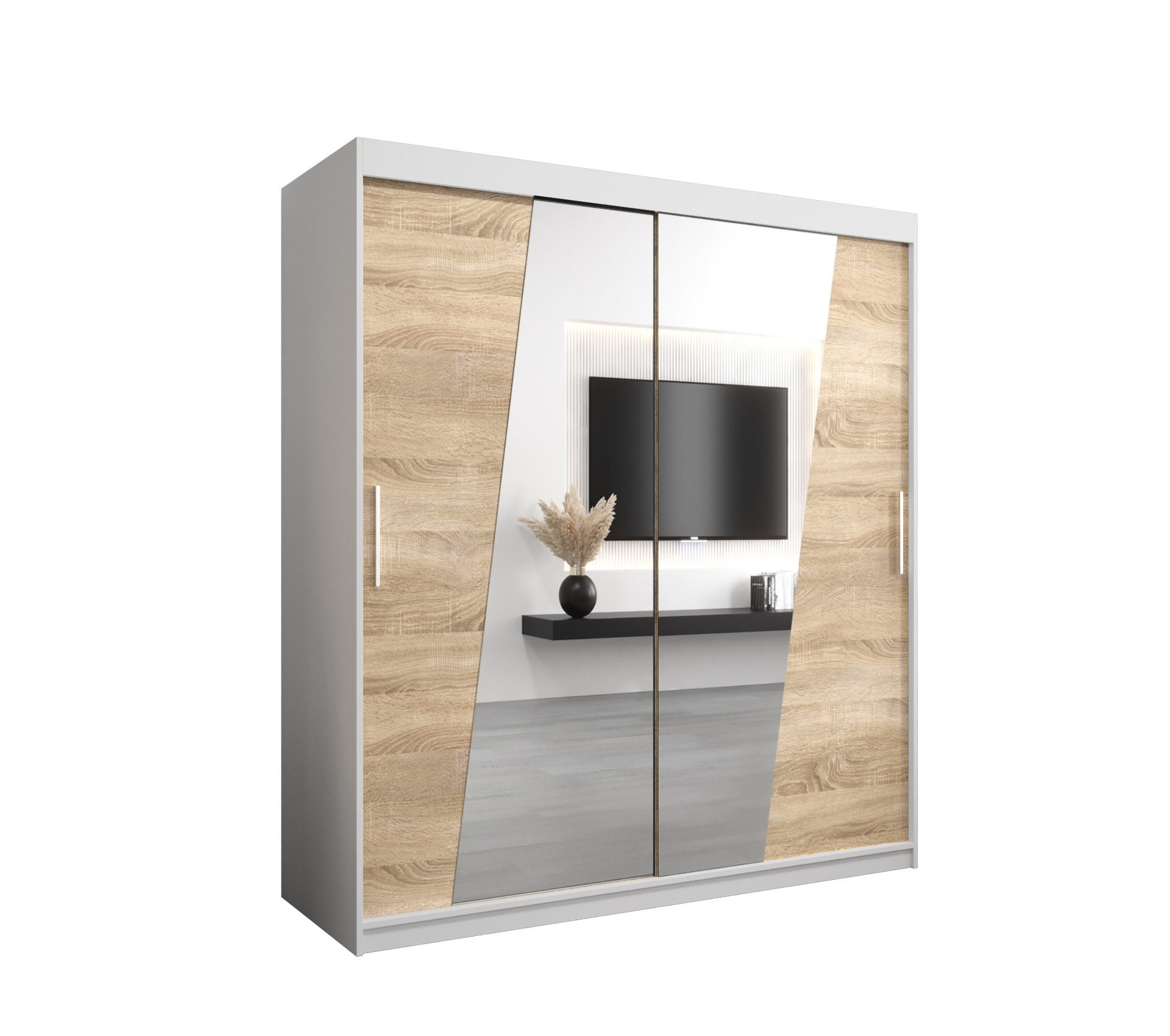 Abiks Möbel Schwebetürenschrank Weiß, Sonoma Eiche 180x200x62 cm