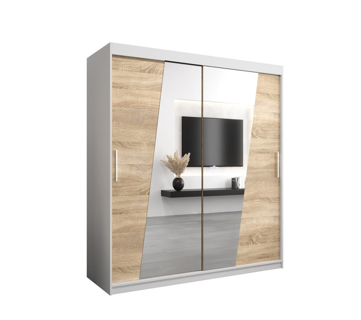SCHWEBETÜRENSCHRANK 200/180/62 2-türig - Silberfarben/Weiß, Holz/Kunststoff (180/200/62cm) - Abiks Möbel
