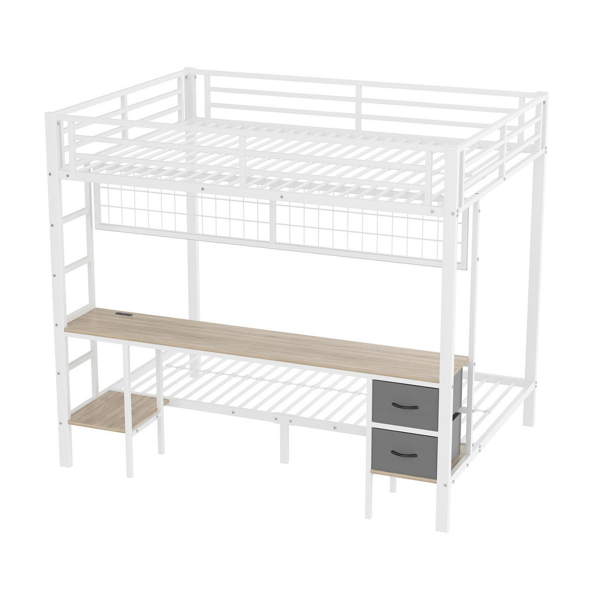 HOCHBETT 140/200 cm mit Schreibtisch, Schubladen, Ablagen, LED-Leiste und USB-Anschluss, Weiß - Weiß, Metall (140/200cm) - Redom