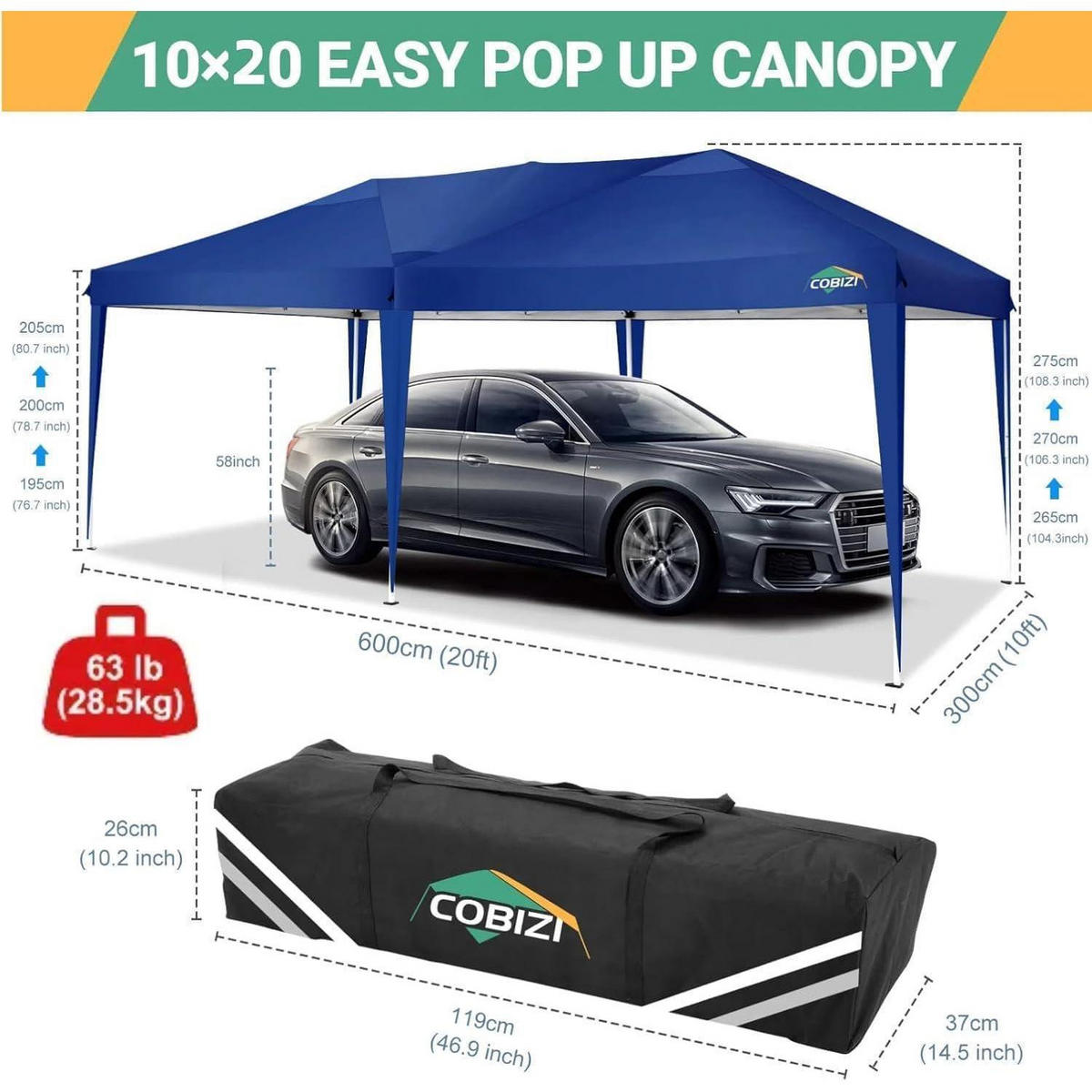 FALTPAVILLON 3 x 6 m wasserdicht mit 6 Seitenwänden Navy Blau - Blau, Textil (300/275/600cm)