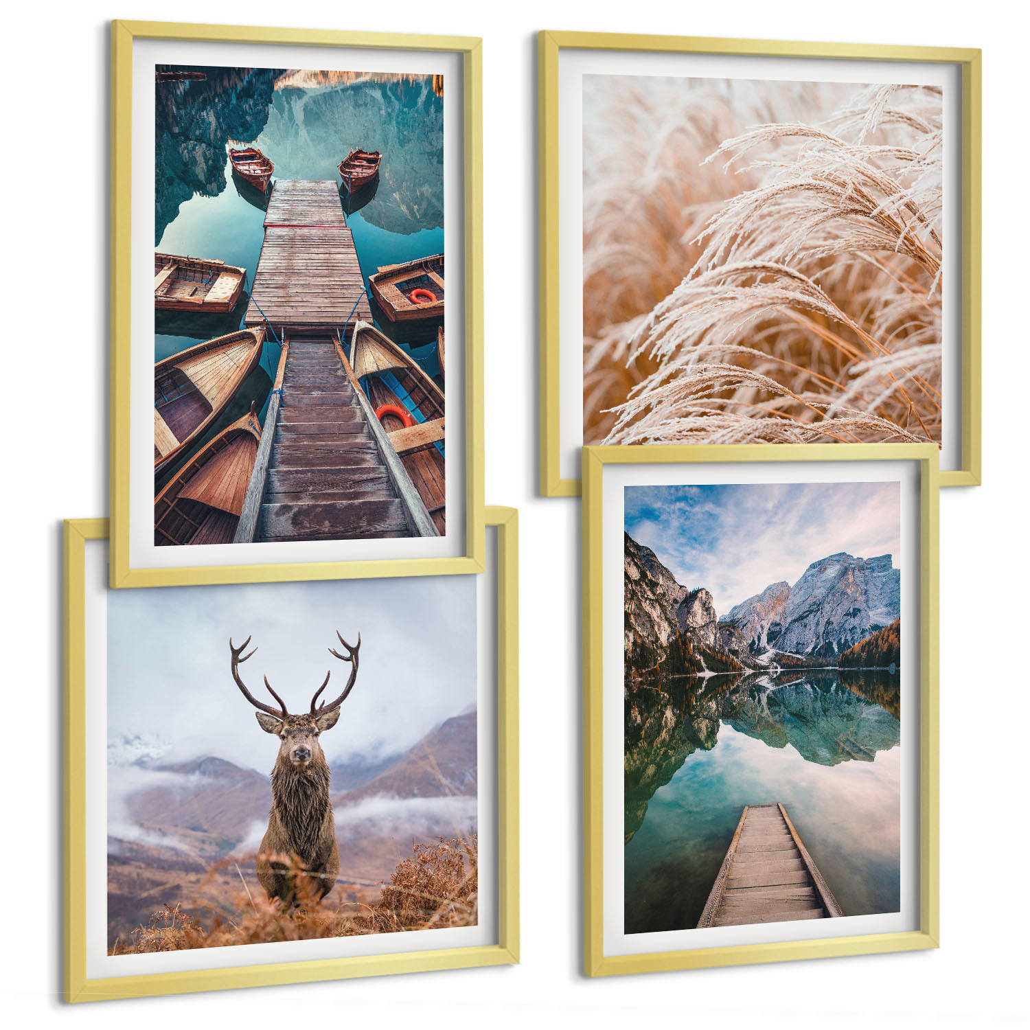 BILDER SET 4er Set - 50x50 cm & 40x60 cm Goldrahmen - Seeboote Hirsche Berge - Goldfarben, Kunststoff (50/50cm) - TULUP