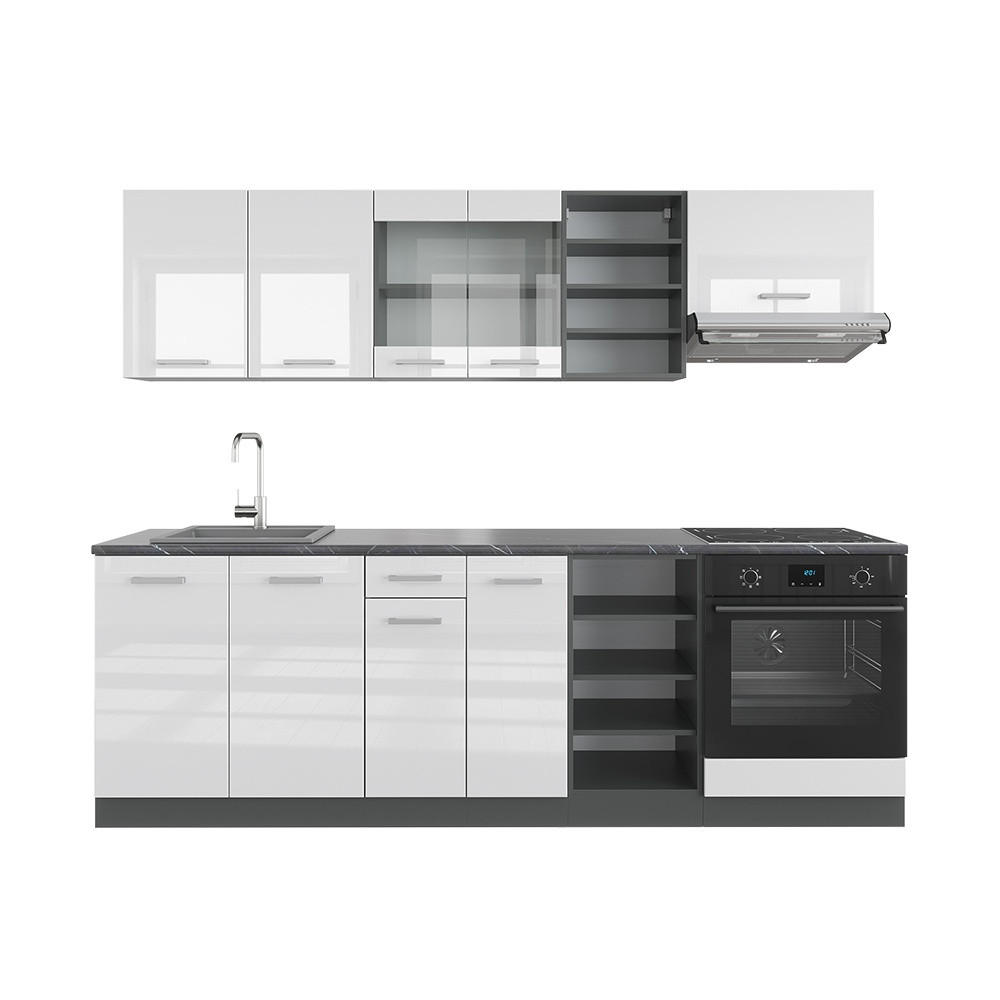 KÜCHENZEILE R-Line Weiß Hochglanz/Anthrazit 240 cm , AP Anthrazit - Weiß Hochglanz/Anthrazit, Holzwerkstoff (240/206.8/60cm) - Vicco