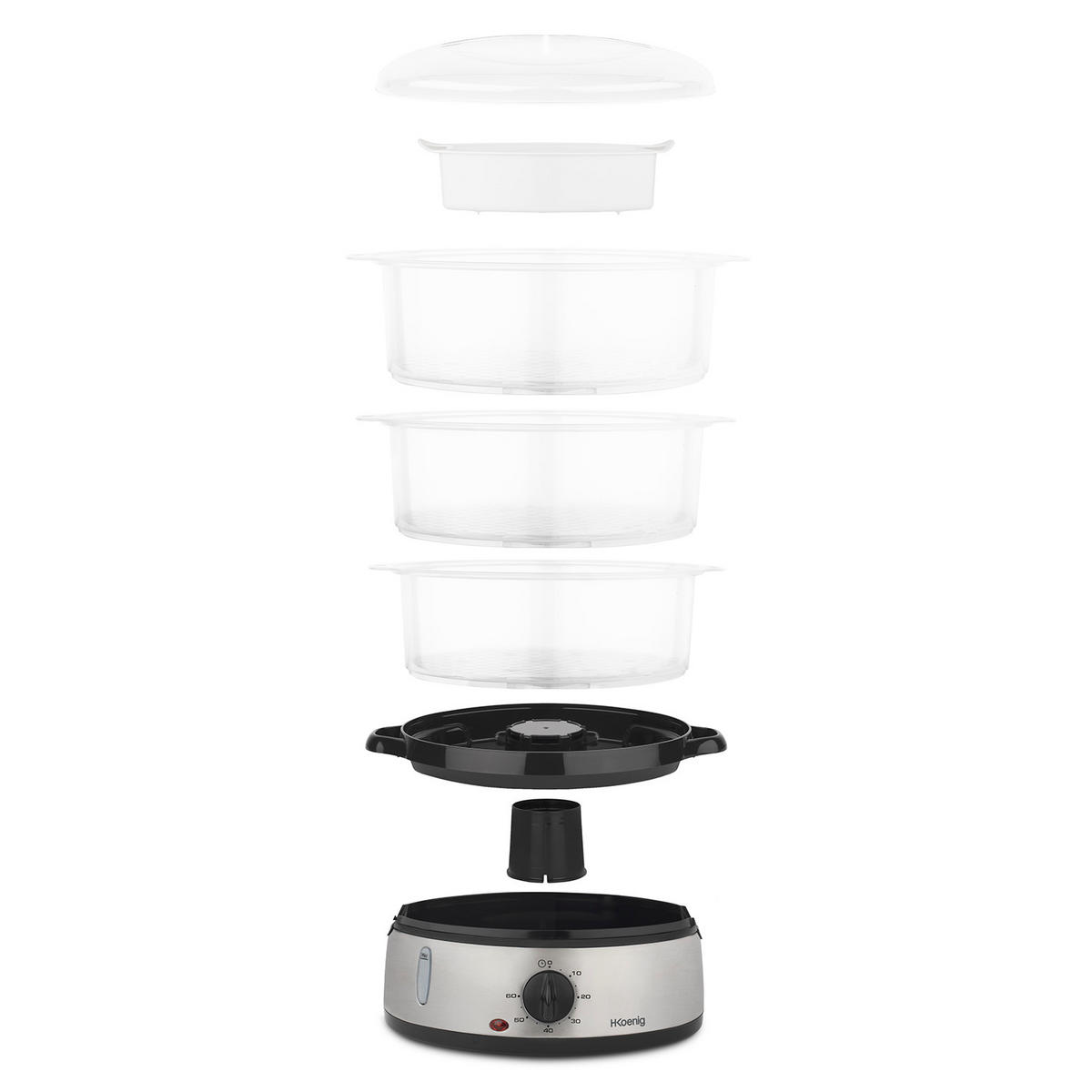 DAMPFGARER VAP10 Grau und Transparent, 3 herausnehmbare stapelbare Schalen für Eier, Gemüse, Reis - Silberfarben, Metall (21/43/32cm) - HKoenig