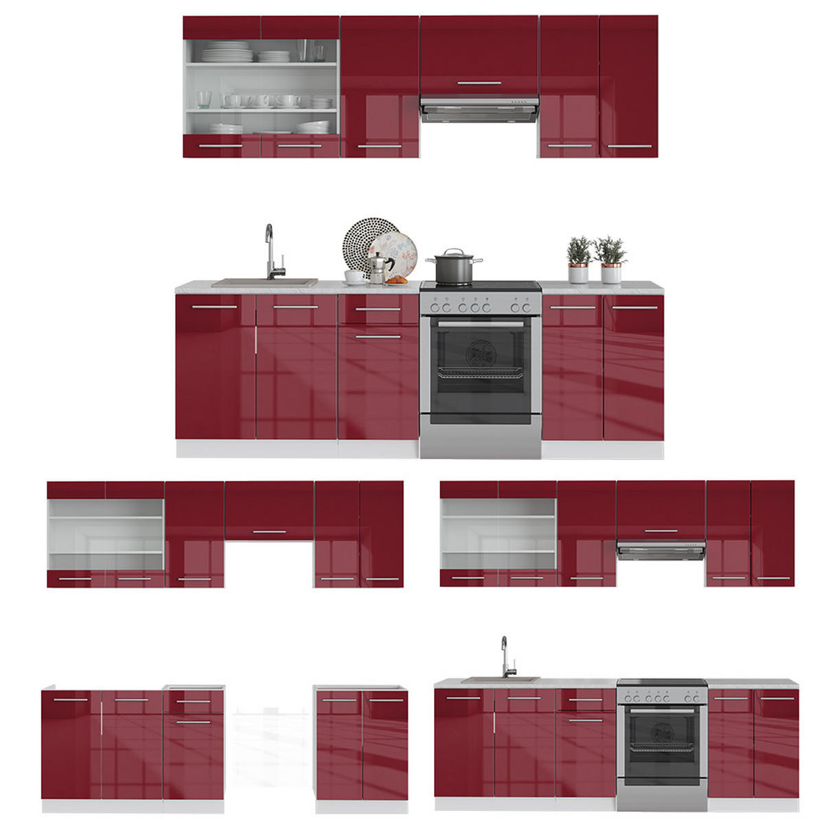 KÜCHENZEILE Fame-Line Bordeaux Hochglanz/Weiß 240 cm ohne AP - Bordeaux/Weiß, Holzwerkstoff (240/81.6/46cm) - Vicco