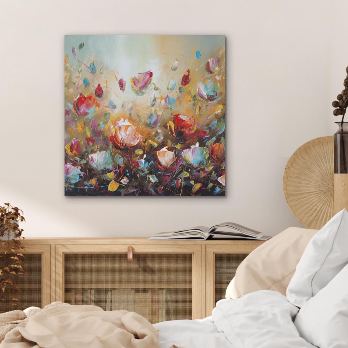 AKUSTIKBILD Blumen - Kunst - Natur - Ölgemälde Wandbilder 60x60 cm - Multicolor, Kunststoff (60/60/0.9cm) - MuchoWow
