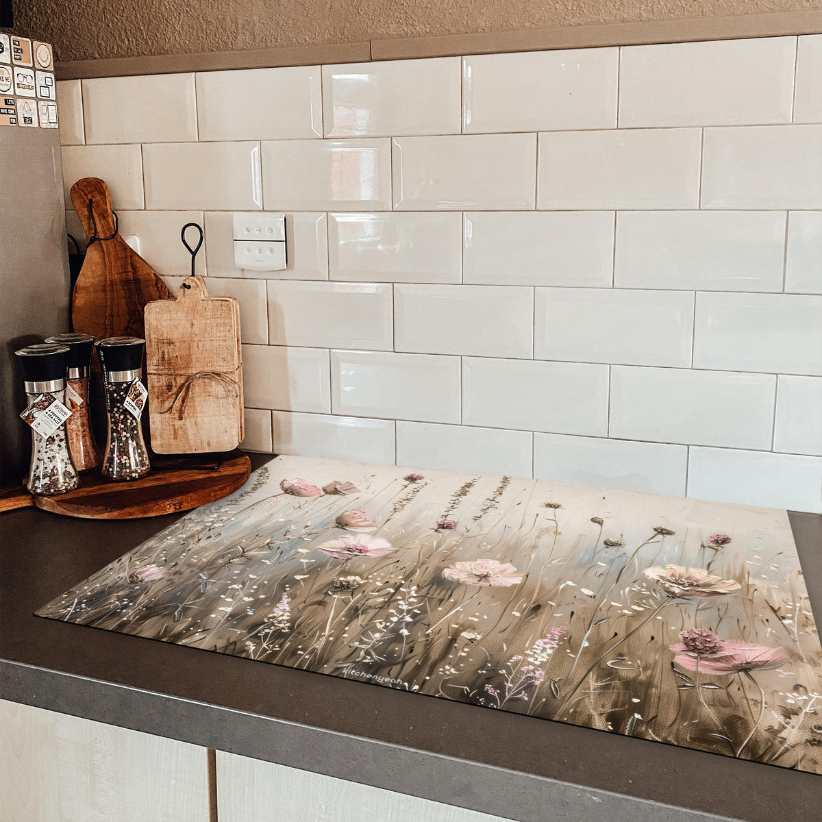 HERDABDECKPLATTE Blumen - Beige - Trockenblumen Induktionsschutz 80x52.2 cm - Beige, Kunststoff (80.2/52.2/0.2cm) - MuchoWow