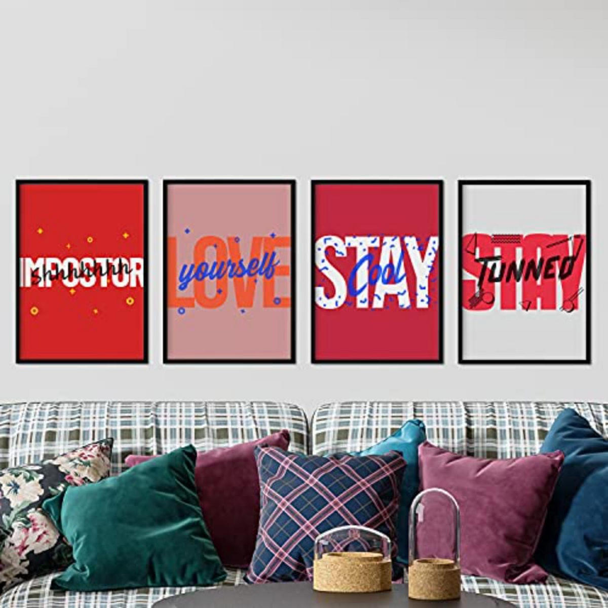 POSTER Set mit 4 roten Etikettendesign und Motivationsnachrichten A3 Schwarzer Rahmen - Schwarz, Papier (29.7/3cm) - Nacnic