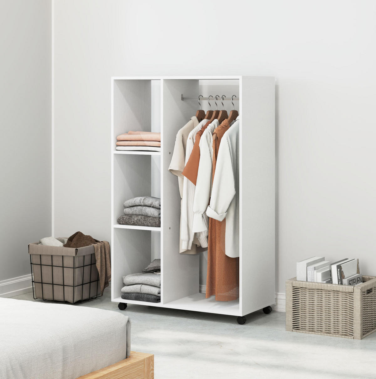 KLEIDERSCHRANK aus Holzwerkstoff 80x40x128 cm Weiß mit Rollen, 3 Regalen und Kleiderstange - Weiß, Holzwerkstoff (80/128/40cm) - Modfu