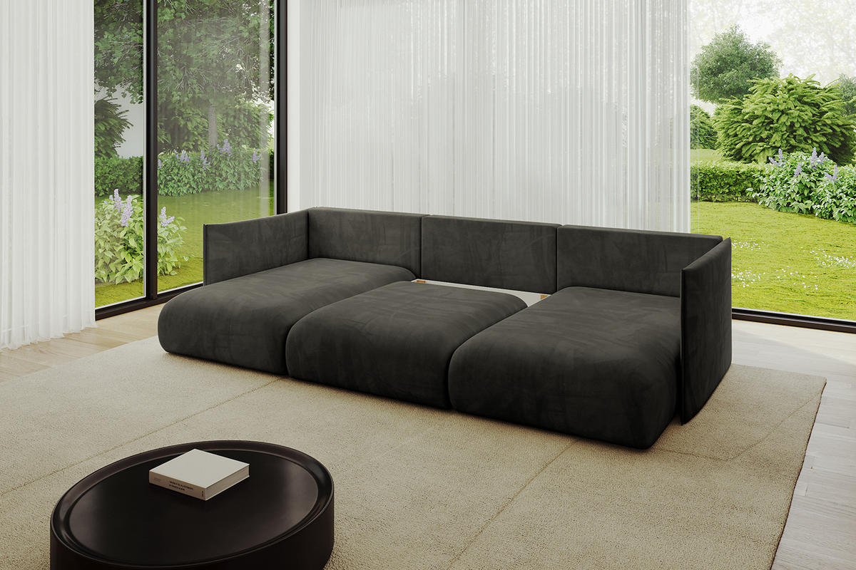 WOHNLANDSCHAFT mit Schlaffunktion und Bettkasten ONESK-U 304x165x40 Schwarz Velours - Schwarz, Holzwerkstoff/Kunststoff (304/90/165cm) - ALTDECOR