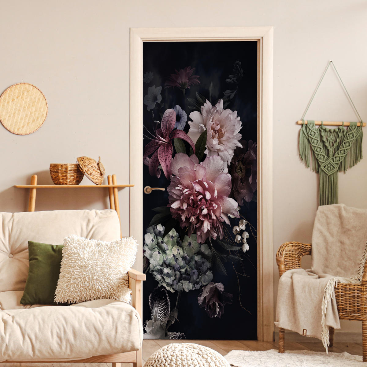 TÜRAUFKLEBER Blumen - Vintage - Pastell - Rosa - Weiß 85x215 cm - Türtapete - Altrosa, Kunststoff (85/0.1cm) - MuchoWow