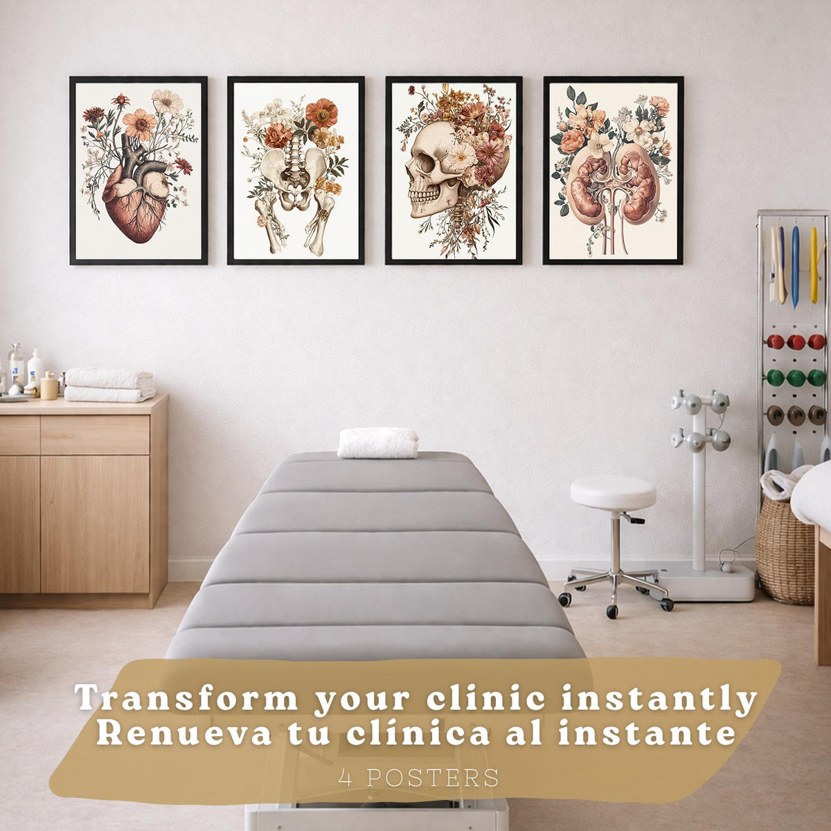 POSTER Set aus 4 Anatomie Drucke und Wandbilder mit Herz Nieren Schädel und Becken Botanischer Stil Wanddekoration Größe Schwarzer Rahmen A3 - Schwarz, Papier (29.7/42/3cm) - Nacnic