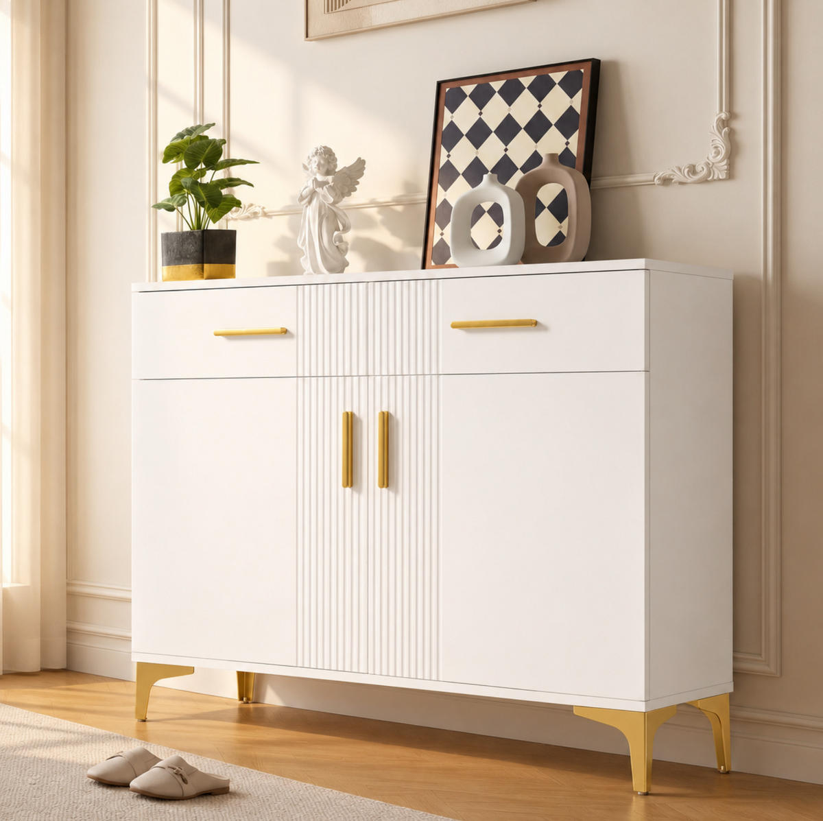 SIDEBOARD in Weiß Kommode mit 2 Türen & 2 Schubladen, mit Metallgriffen und Metallfüßen, B80/T35/H79.5cm - Goldfarben/Weiß, Holzwerkstoff/Metall (80/79.5/35cm) - STILVORA