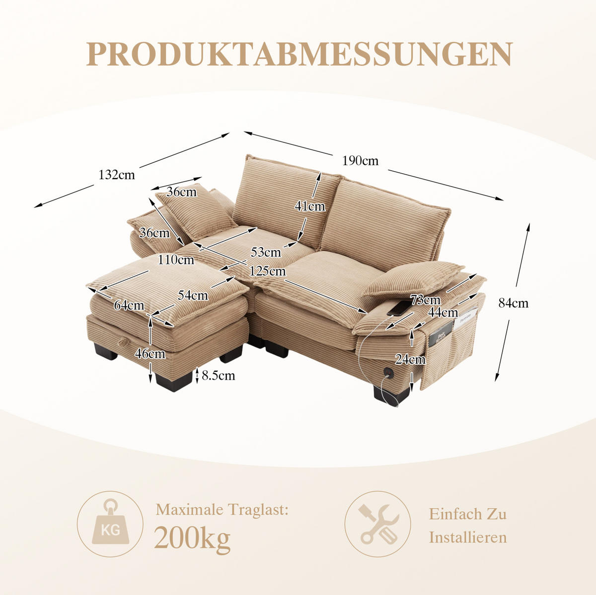 ECKSOFA aus Corduroy 190x132x84 cm in Beige mit Hocker & USB-C - Beige, Textil (132/190cm) - Modfu