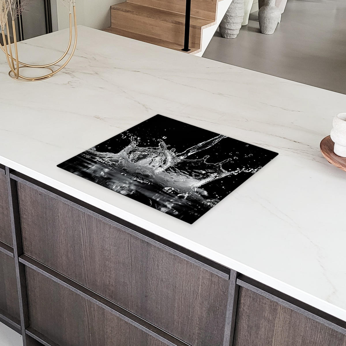 HERDABDECKPLATTE Wasser - Spritzwasser - Schwarz Herdabdeckung Induktionsfeld 60x52 cm - Schwarz, Kunststoff (60/52/0.2cm) - MuchoWow