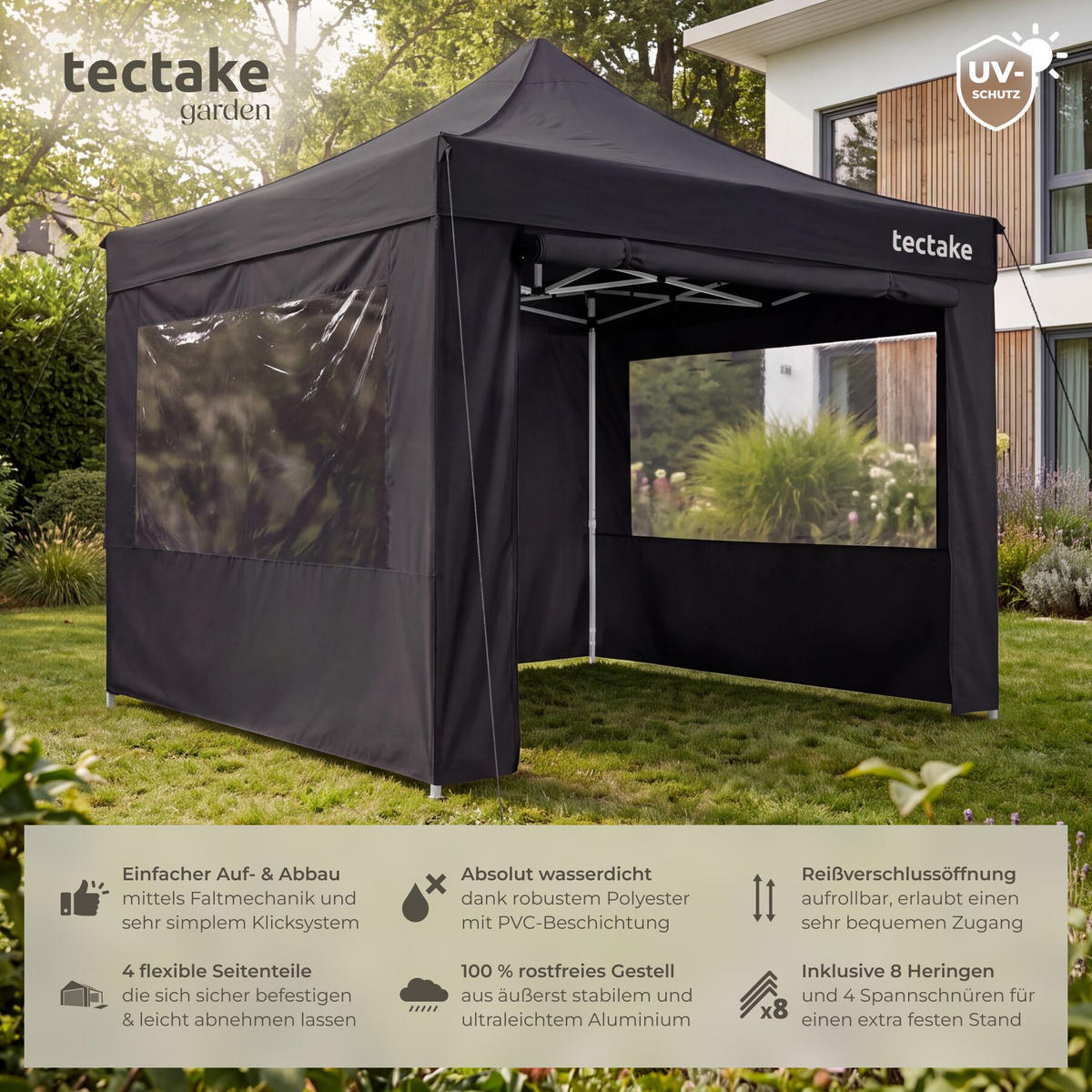 FALTPAVILLION aus Aluminium Olivia, inklusive Spannseilen, Heringen und Tragetasche, schwarz - Schwarz, Kunststoff (300/280/300cm) - tectake