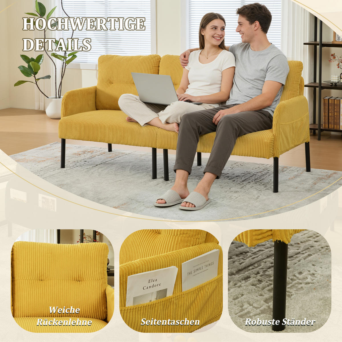 3-SITZER Sofa mit Seitentaschen, Metallgestell & Leinenstoff, 171cm, Gelb - Gelb/Schwarz, Textil/Metall (171/80/72cm) - LVHOM