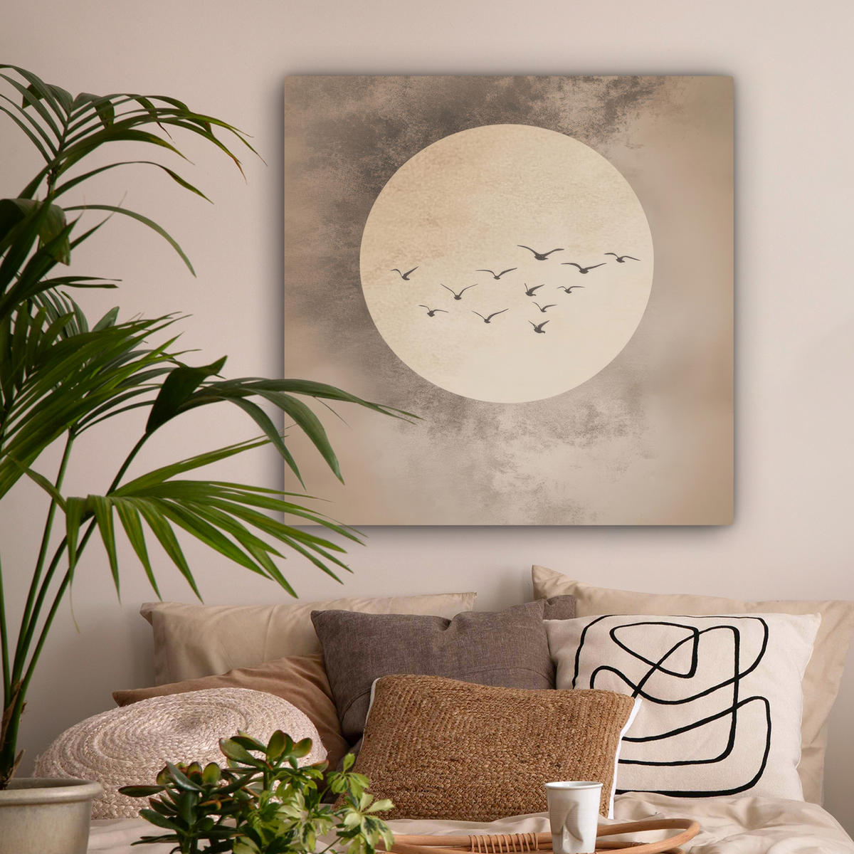 LEINWANDBILD Vogel - Beige - Japanisch Deko Groß 90x90 cm - Taupe, Textil (90/90cm) - MuchoWow