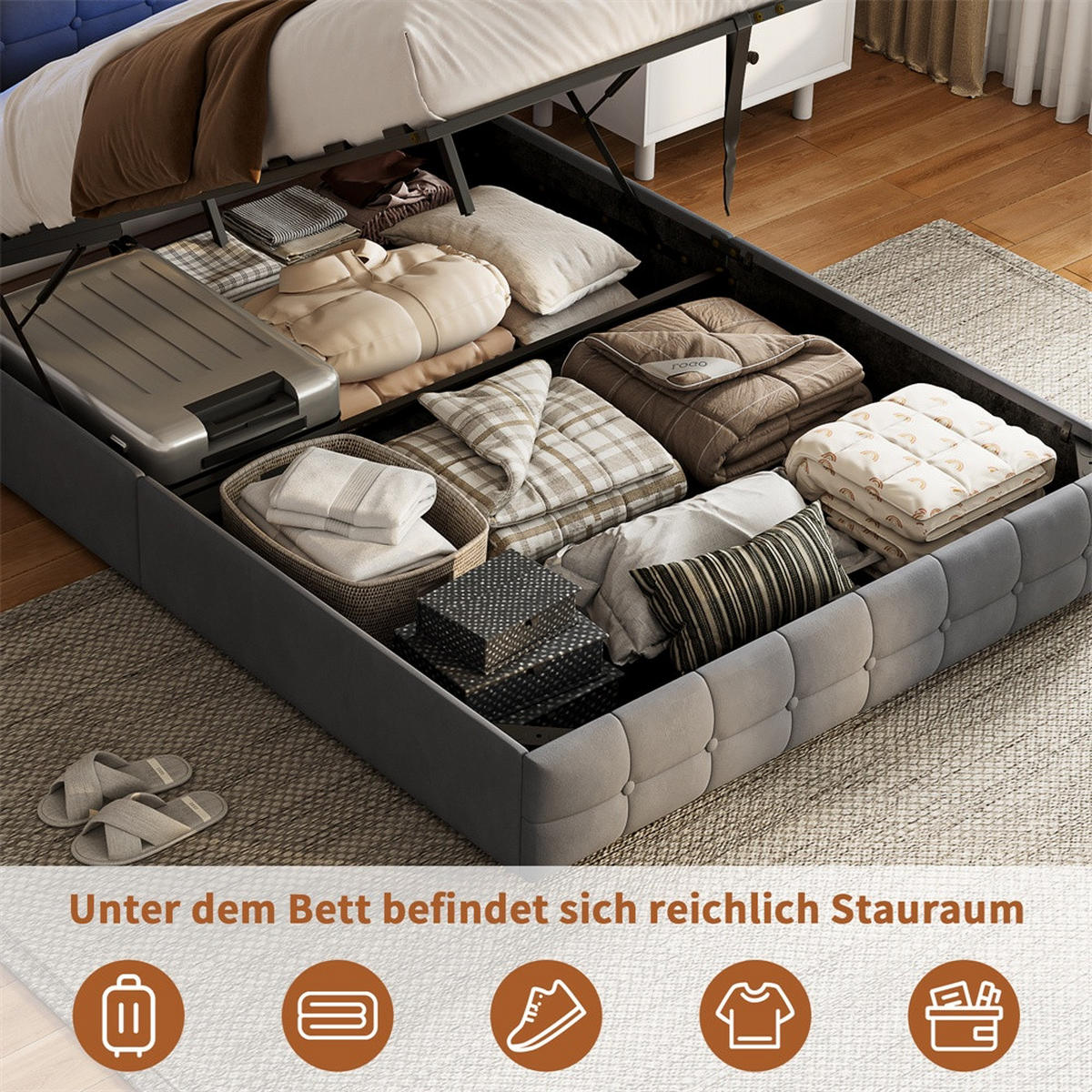 POLSTERBETT 140x200 cm - mit LED-Beleuchtung, 2 Nachttisch-Schubladen und hydraulischem Bettkasten - Grau - Grau, Textil (140/200cm) - DELFA