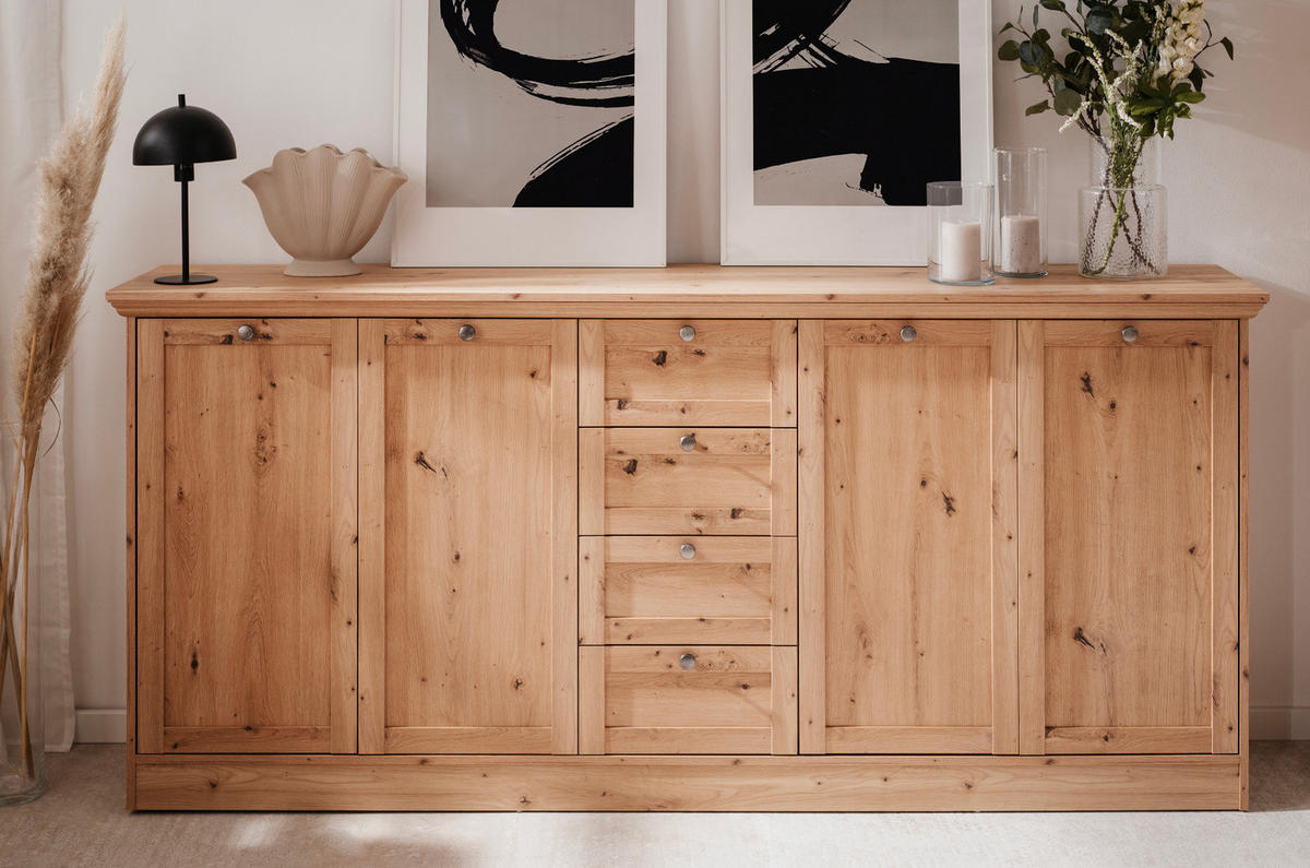 SIDEBOARD Eiche Artisan 200 cm Landhaus, Kommode mit viel Stauraum - Eichefarben/Silberfarben, Holzwerkstoff/Metall (200/90/40cm) - Furn.Design