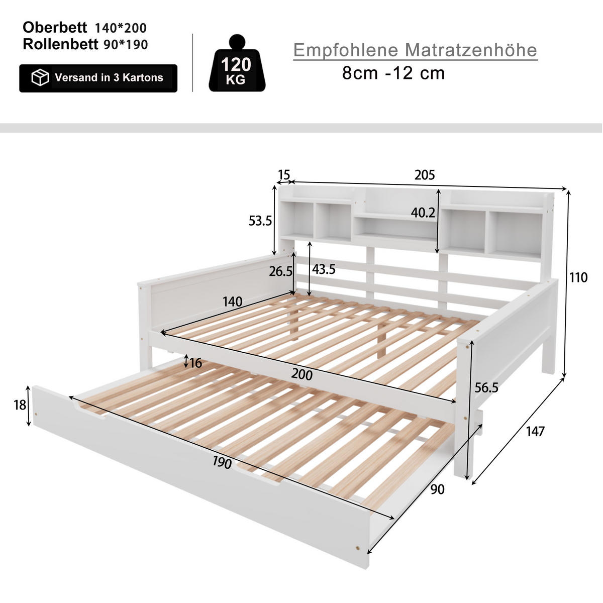 AUSZIEHBETT 140/200 cm DE-01373, in Weiß, mit Staufach - Weiß, Holz (140/200cm) - ComfortXL