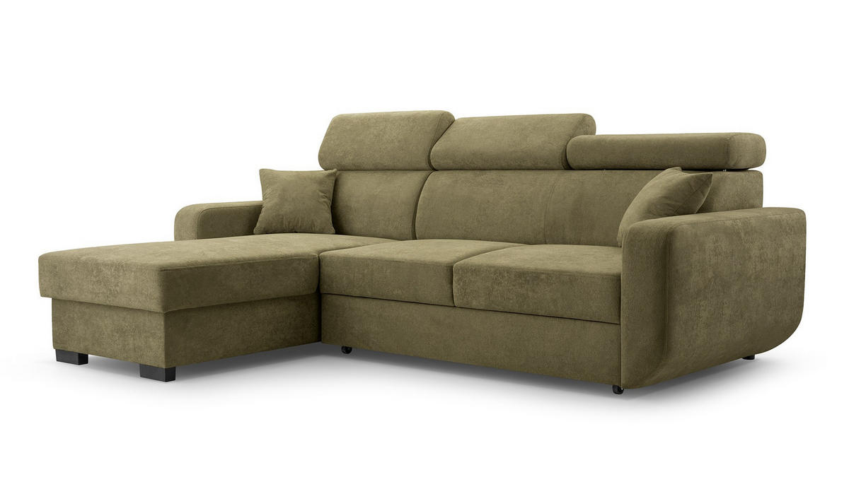 ECKSOFA CASTELLO Grün Plüsch-Stoff mit Schlaffunktion - Grün, Holz (236/165cm) - MASSENO