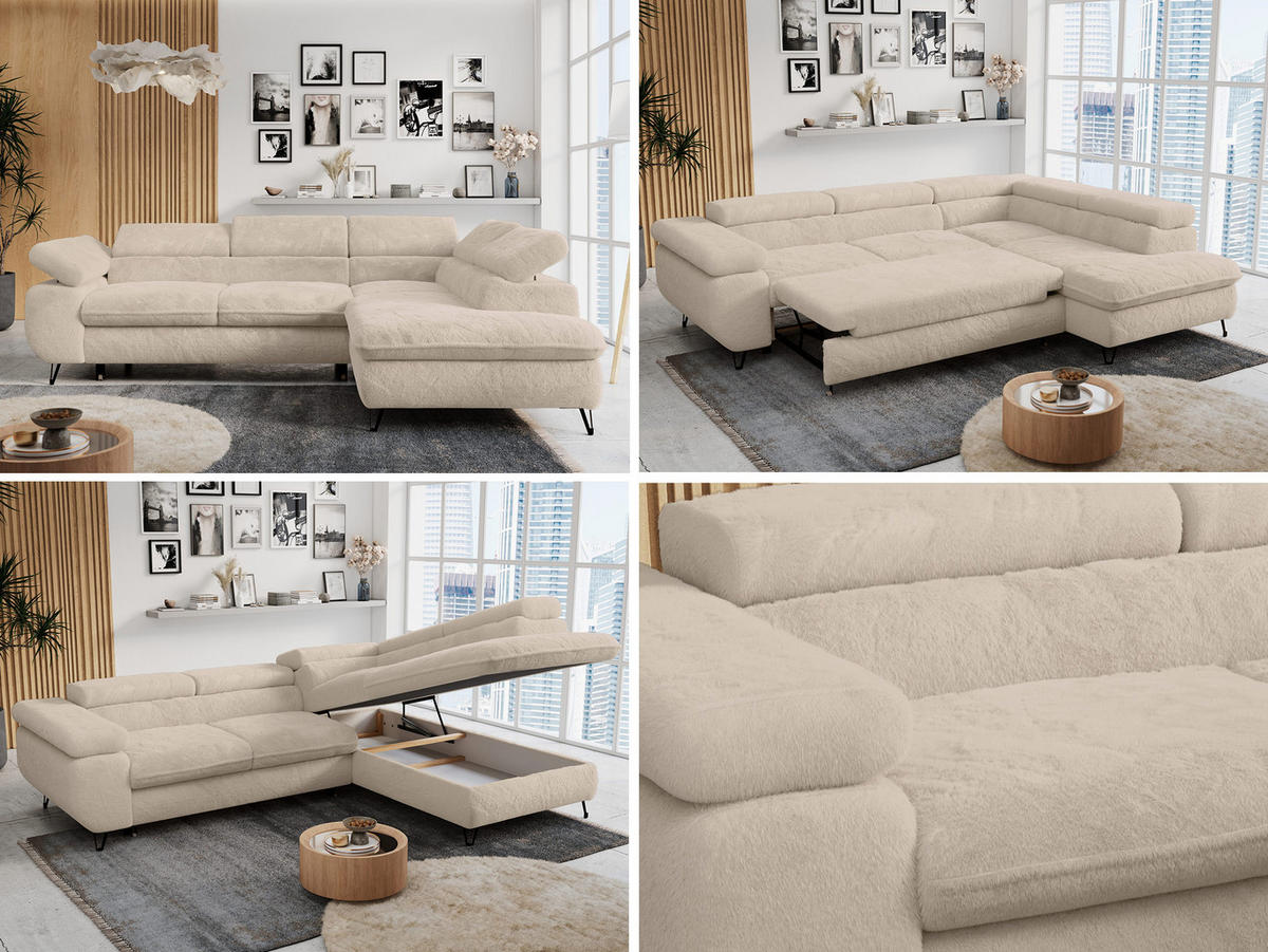 ECKSOFA PETER L Dunkelgrau Plüsch - Rechts Seite - Ecru/Schwarz, Textil/Metall (273/208cm) - MKS