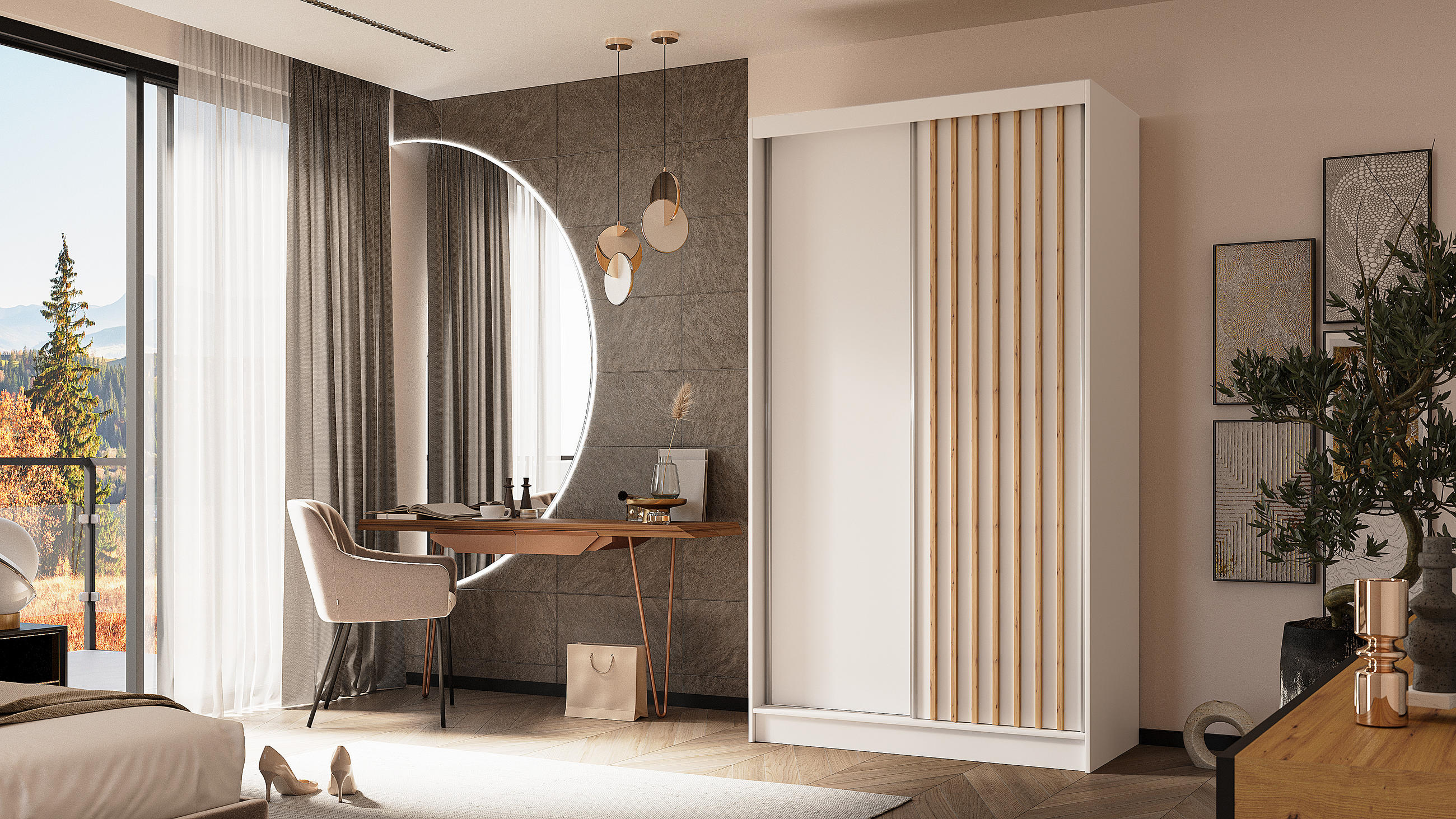 KLEIDERSCHRANK mit furnierten Schiebetüren und Aluminium-Leisten - LABELO - 120 cm Weiß+Weiß+Artisan - Weiß/Eiche Artisan, Holzwerkstoff (120/216/61cm) - ALTDECOR