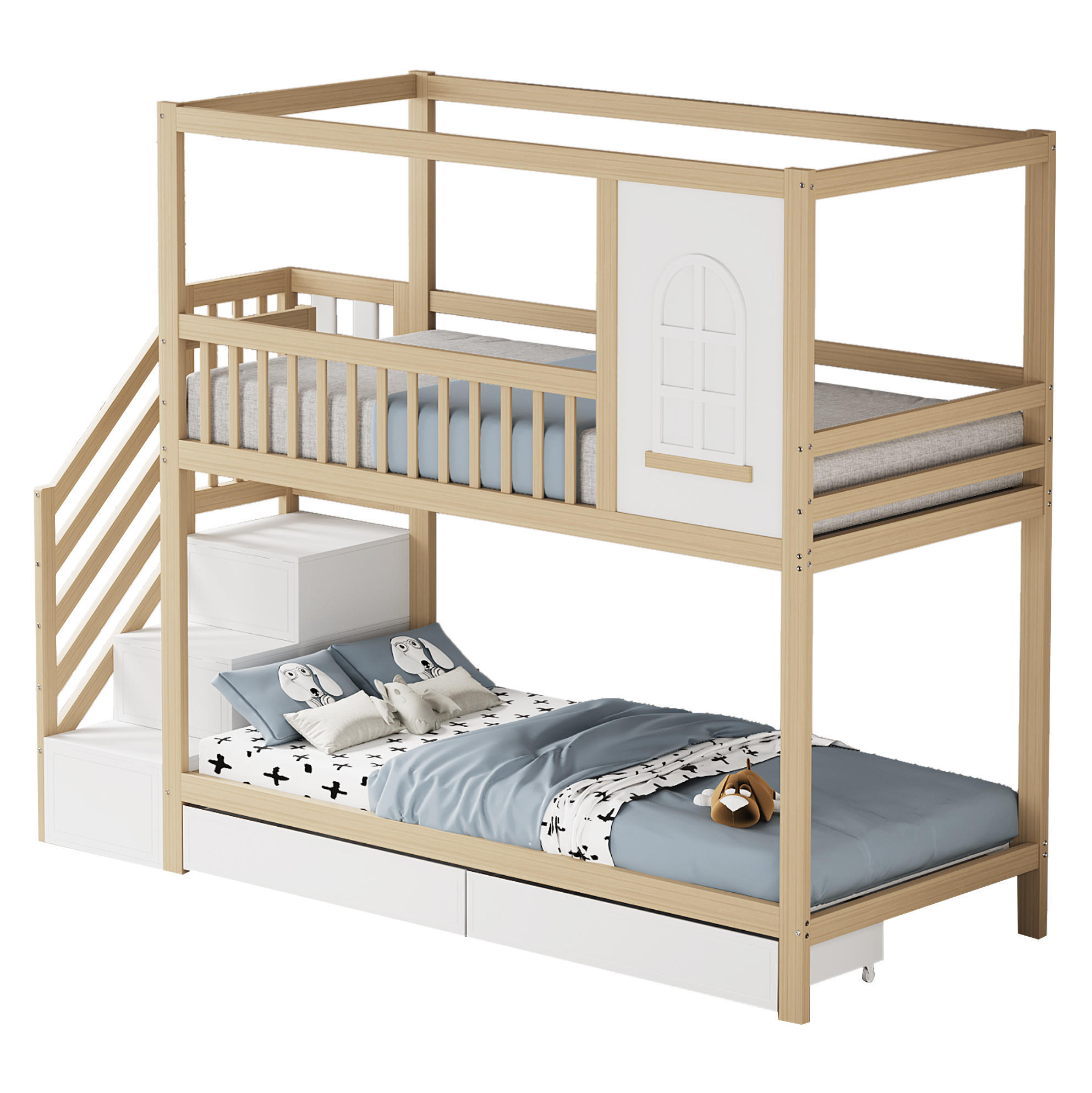 ETAGENBETT 90/200 cm aus Holz mit Leiter, Fenstern und Schubladen Natur - Naturfarben, Holz (90/200cm) - Modenvie