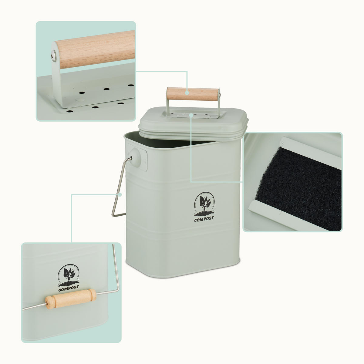 KÜCHEN-KOMPOSTEIMER - Grün, Holz/Textil (20.5/26/14cm) - Relaxdays