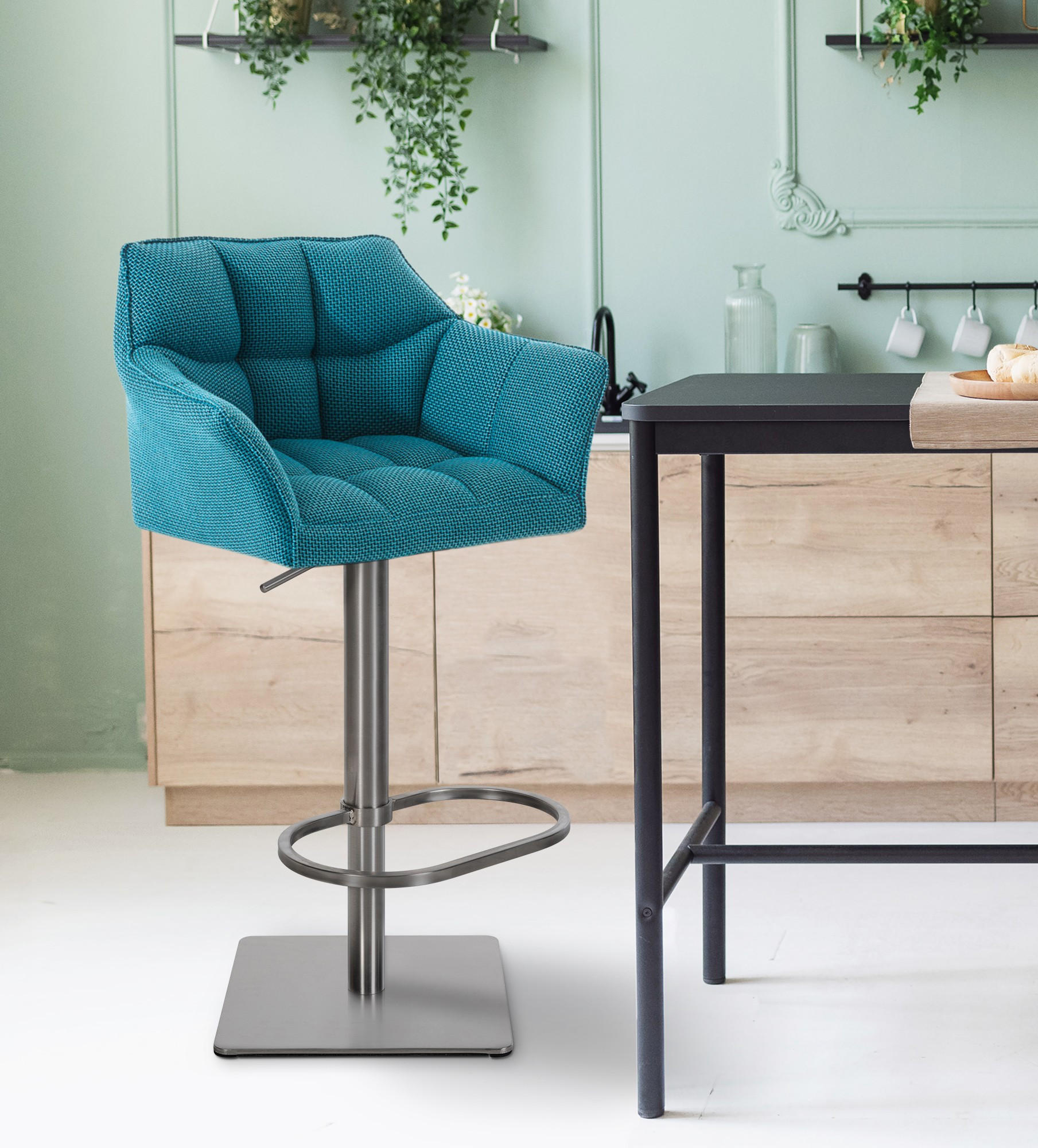 BARHOCKER 2er Set Stoff Türkis - Türkis/Edelstahlfarben, Textil/Metall (64/88/45cm) - CLP