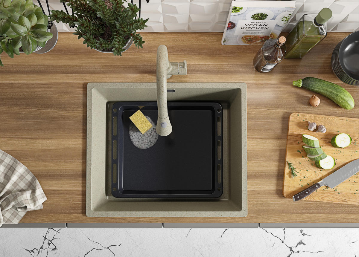 SPÜLBECKEN London Slim, 2-er set Beige 56/47 cm 1 Becken + Ablauf-Set ab 60er Unterschrank - Chromfarben/Beige, Kunststoff (56/20/47cm) - Primagran