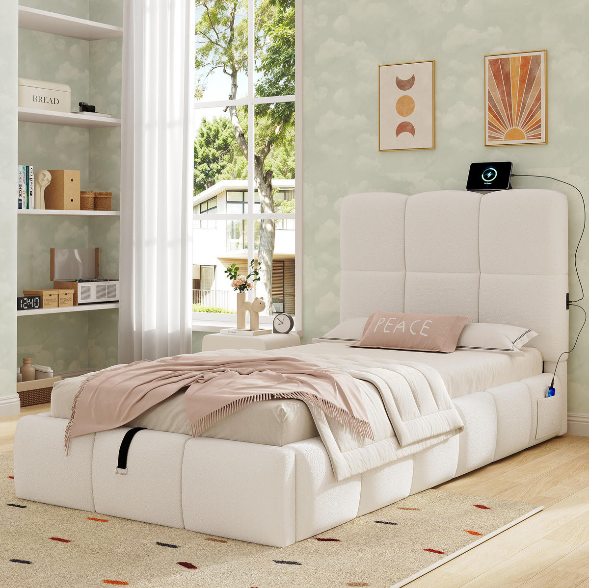 KINDERBETT 90/200 cm aus Bouclé mit Stauraum und USB-C-Anschluss Beige - Beige, Textil (90/200cm) - Modenvie