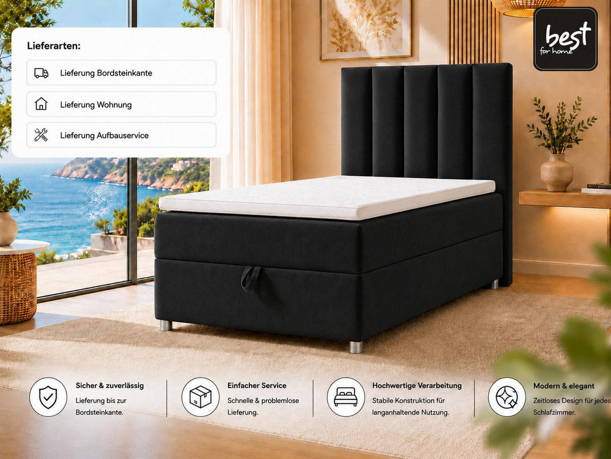 BOXBETT mit Bettkasten Trinity K-10 SINGLE Bonellfederkern inkl. Topper - Schwarz, Holz/Holzwerkstoff (100/200cm) - Best For Home
