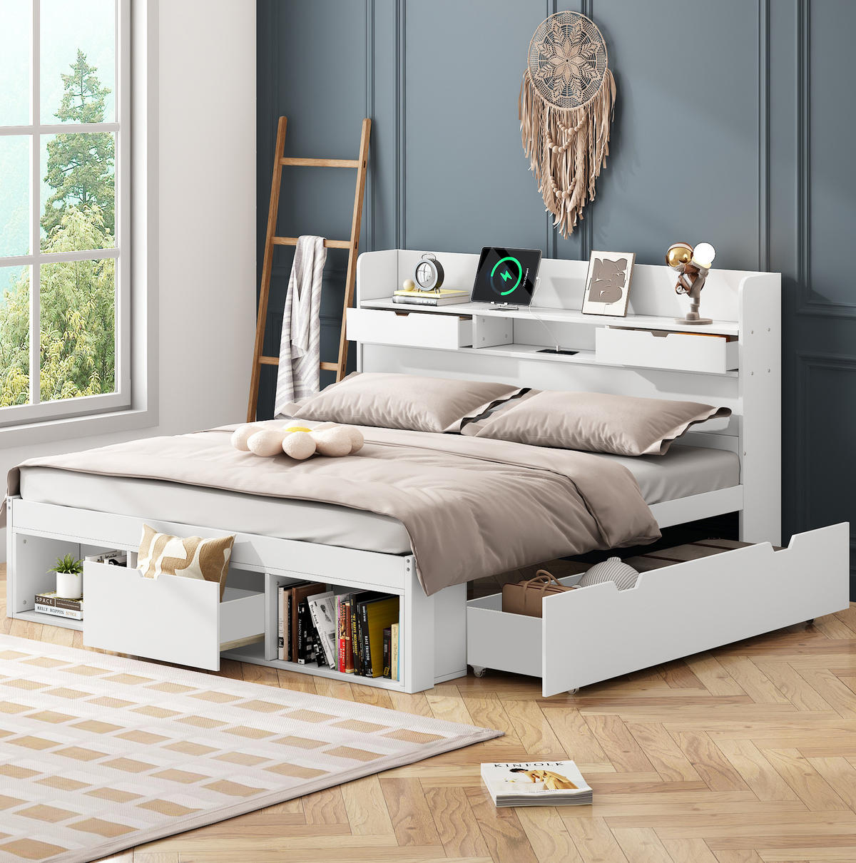 KINDERBETT aus Kiefernholz 140x200 cm in Weiß mit USB-Anschluss & Stauraum - Weiß, Holz (140/200cm) - Modfu