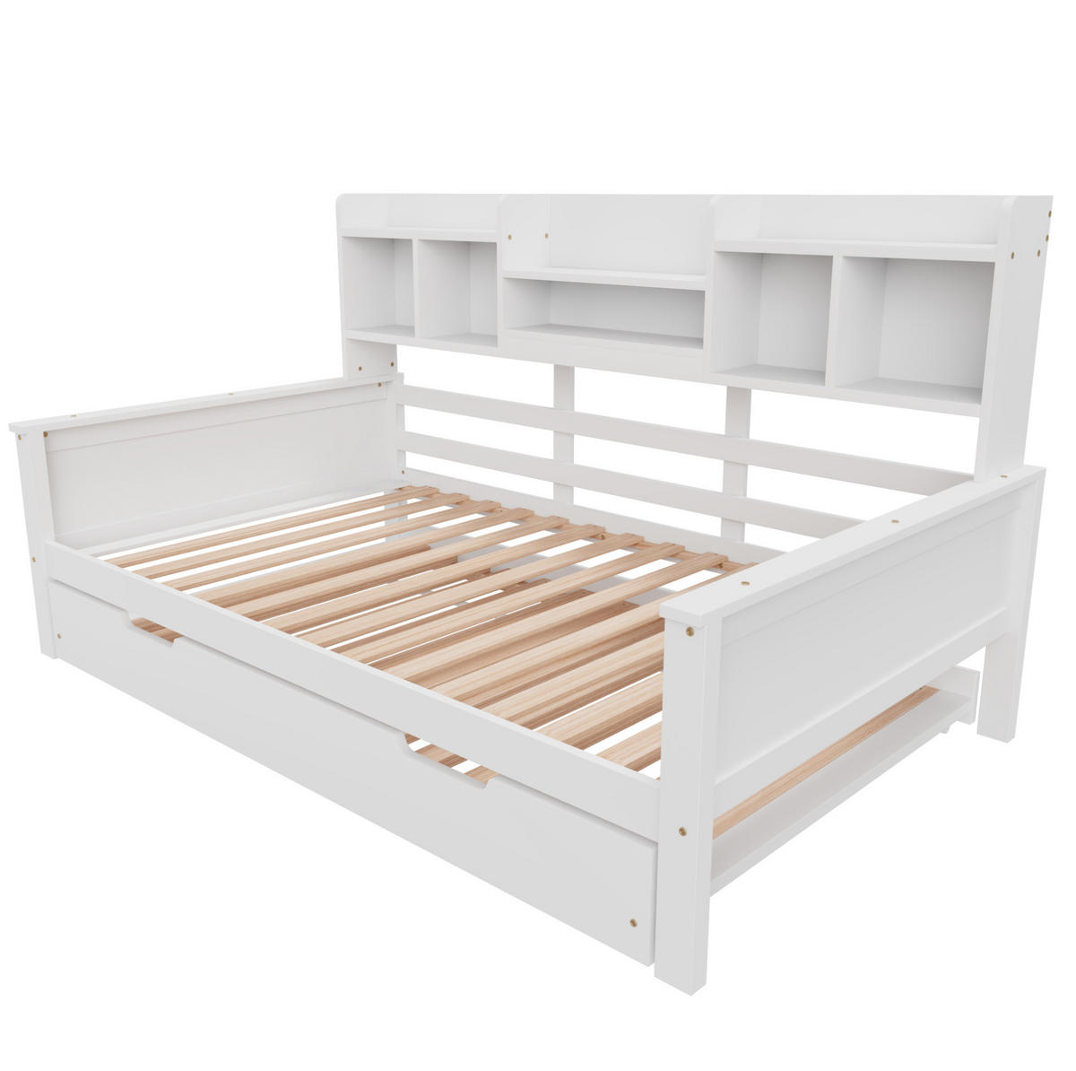 BETT mit integriertem Regal und Ausziehfunktion 90/200 cm Kiefernholz Weiß - Weiß, Holz (90/200cm) - OKWISH