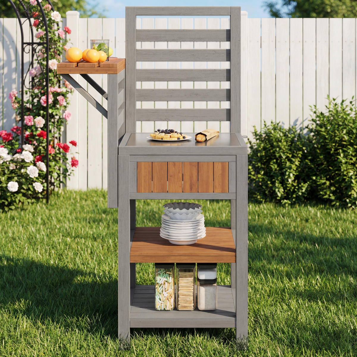 GARTENSCHRANK Holz Edelstahl Outdoor Grillstation Stauraum - Naturfarben, Holz (54/149/74cm) - FLIEKS