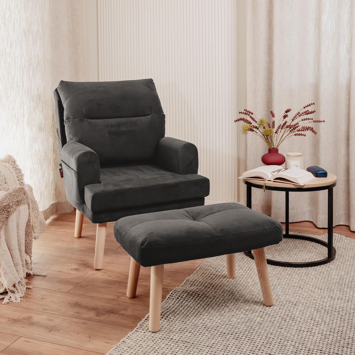 RELAXSESSEL NEMO mit Hocker und Holzfüßen - Dunkelgrau, Holz (65/95/65cm) - Idohome