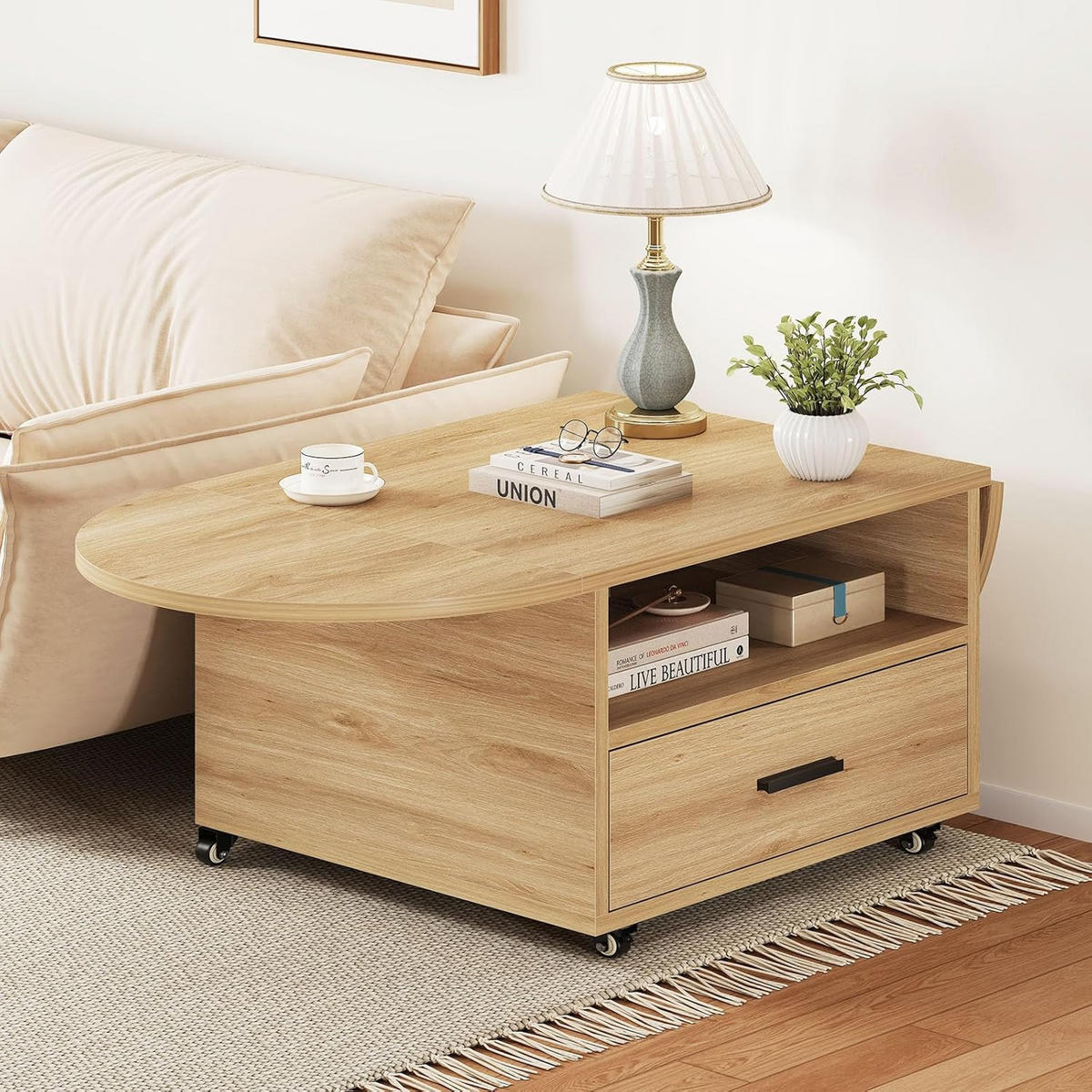 COUCHTISCH Wohnzimmertisch mit Stauraum 120 x 60 x 45 cm Klappplatte - Naturfarben, Holzwerkstoff/Metall (120/120/45cm) - Quality Elegance