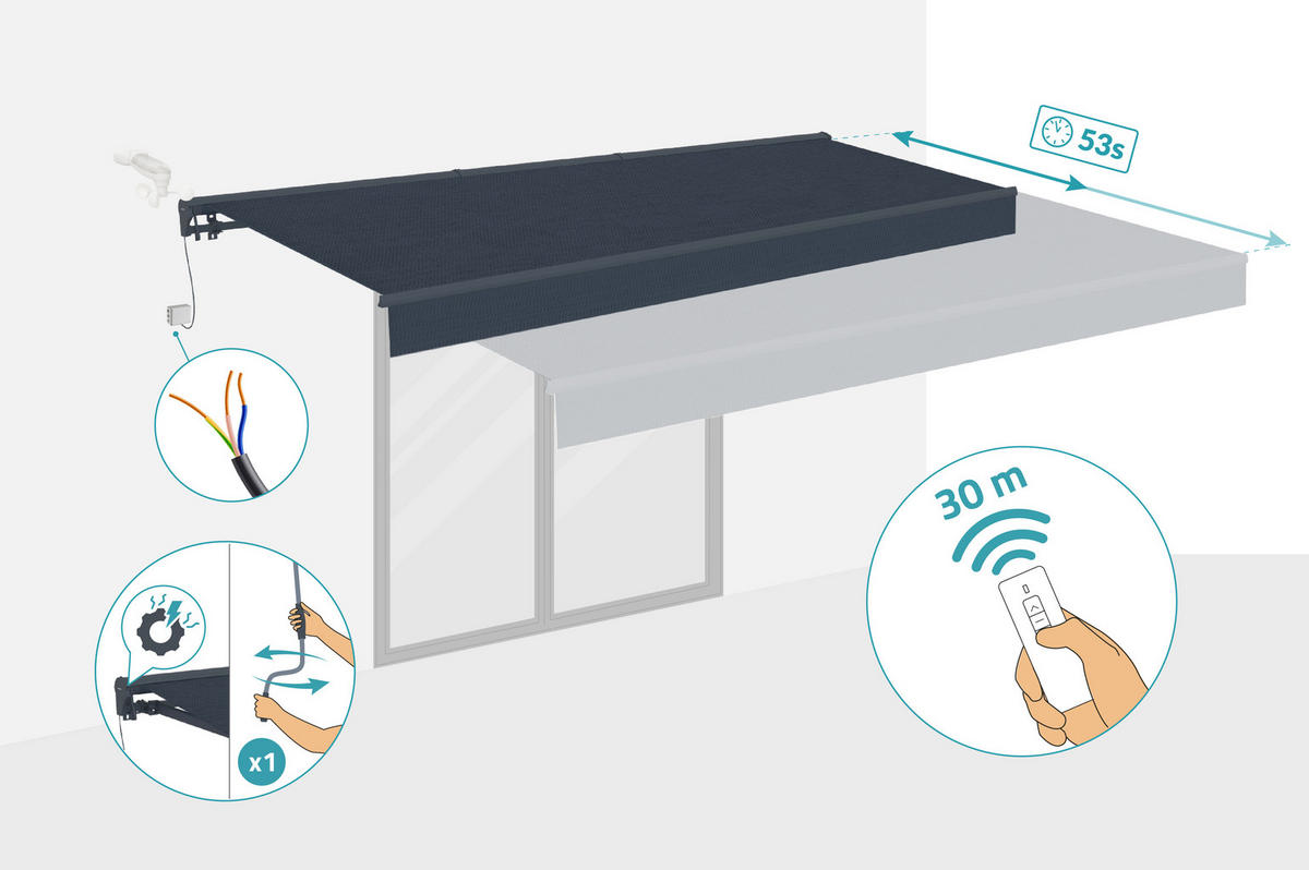 HALBKASSETTENMARKISE Fazzio Graue 4m x 3m motorisierte - Premium-Leinwand 320g/m² - Grau, Metall (400/270/300cm) - Cazeboo
