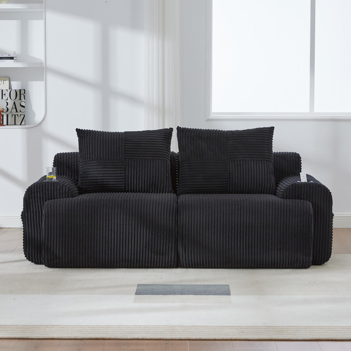 2-SITZER Sofa aus Cord 200x99x80 cm mit Cupholder & Seitentasche, schwarz - Schwarz, Textil (99/80/200cm)