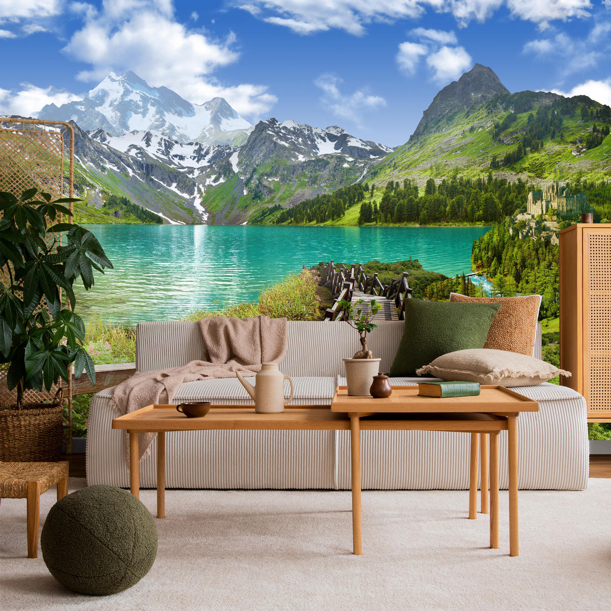 FOTOTAPETA Pre Obývaciu Izbu Drevené Mólo Horské Jazero Rastliny Pokoj 500 x 350 cm - hnedá/modrá, papier (500/350cm) - Muralo