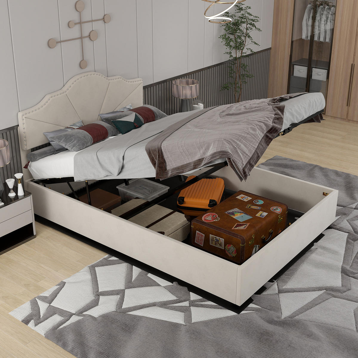 POLSTERBETT 140x200 cm Samt Stauraum hydraulisch beige - Beige, Textil (140/200cm) - Fortuna Lai
