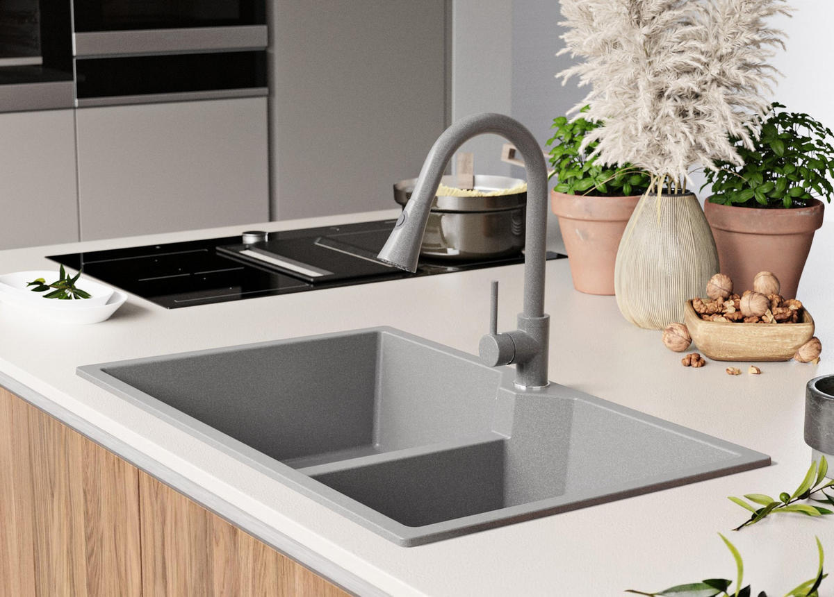 SPÜLBECKEN Madrid Twin, 2-er set Grau 78/50 cm 2 Becken + Ablauf-Set ab 80er Unterschrank - Grau, Kunststoff (78/19/50cm) - Primagran