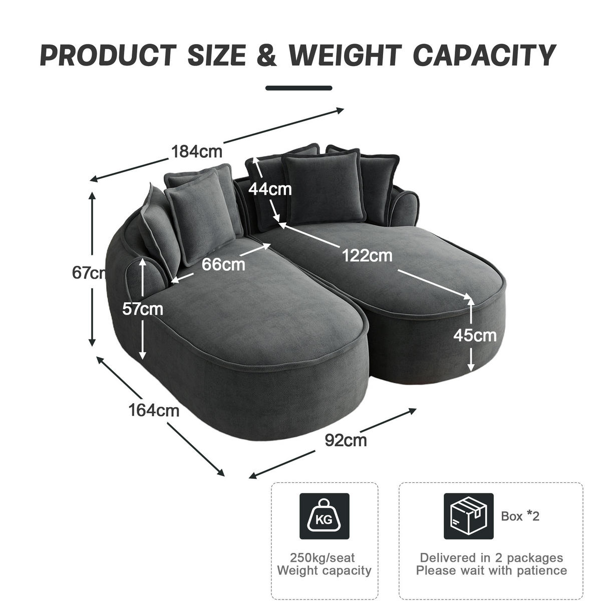 2-SITZER Sofa 184x164x67 cm aus Chenille-Stoff rahmenlos modular, grau - Grau, Textil (164/67/184cm) - Luhomfu