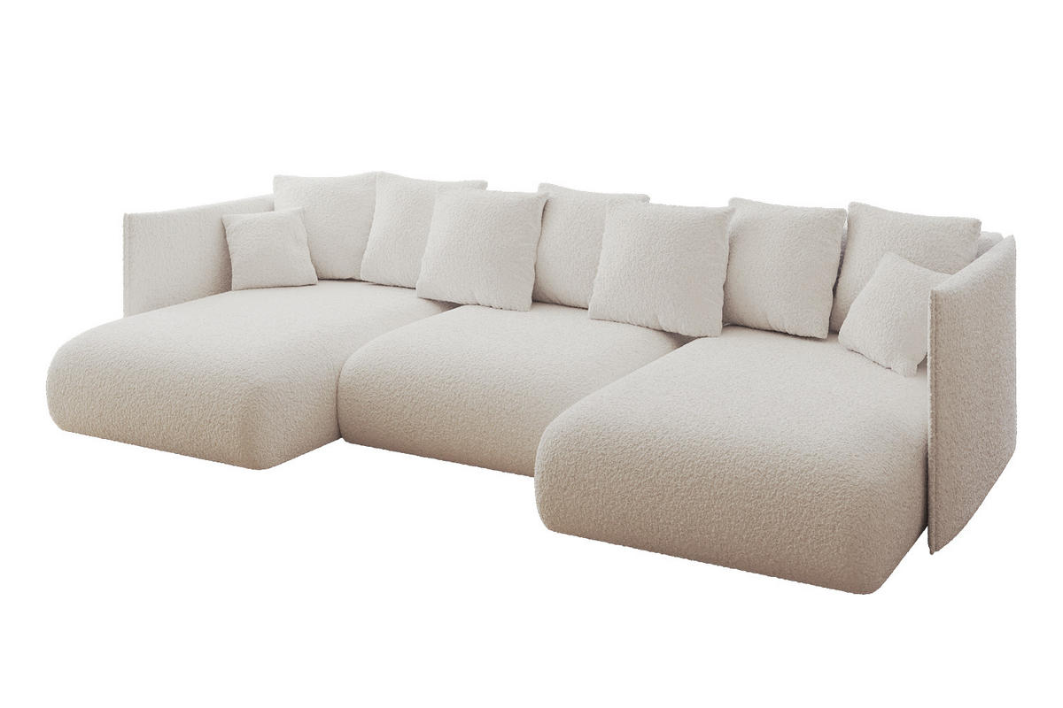 WOHNLANDSCHAFT mit Schlaffunktion und Bettkasten ONESK-U 304x165x40 Weiß Bouclé - Weiß, Holzwerkstoff/Kunststoff (304/90/165cm) - ALTDECOR